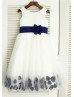 Ivory Satin Tulle Navy Blue Petals Knee Length Flower Girl Dress 